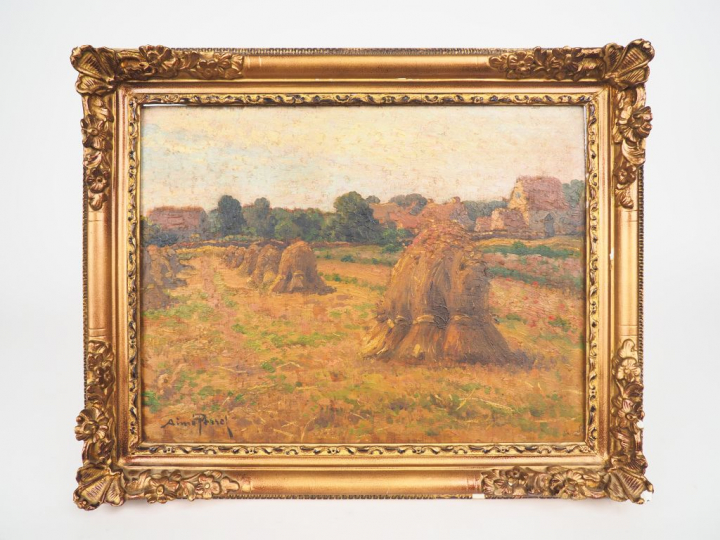 Aimé PERRET. "Les meules de foin". Huile sur panneau, signée en bas à 