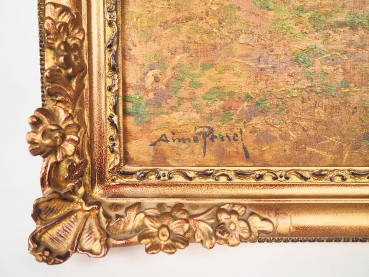 Aimé PERRET. "Les meules de foin". Huile sur panneau, signée en bas à 