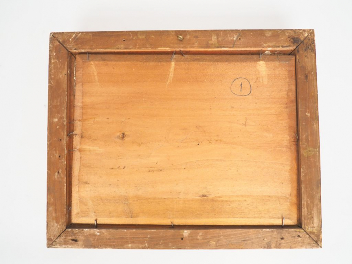 Aimé PERRET. "Les meules de foin". Huile sur panneau, signée en bas à 