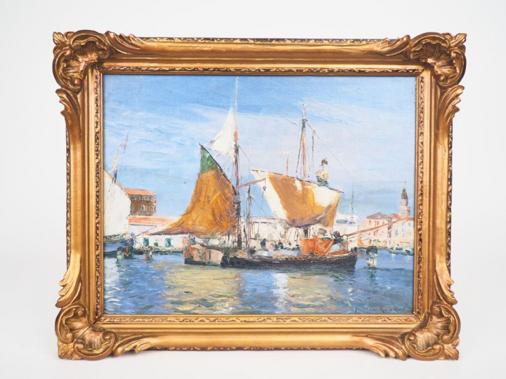 Gaston ROULLET. "les barques de pêche à l'entrée du port". Huile sur t