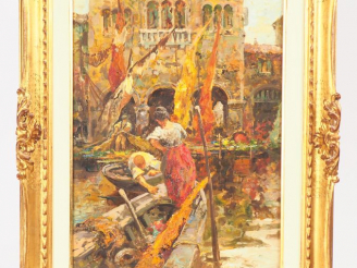 Vente aux enchères Giuseppe SOLENGHI. "Pêcheurs et gondoles à Venise". Huile sur panneau 