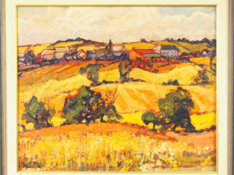 Vente aux enchères Alex TOMASZYK. "Le hameau en été". Huile sur toile, signée en bas à ga