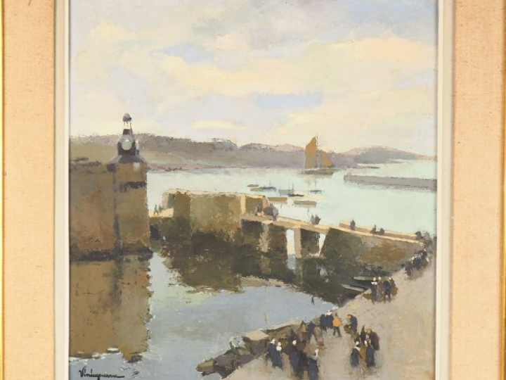VINCIGUERRA. "Vue de port breton animé". Huile sur carton, signée en b