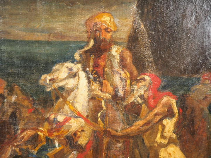 Ecole orientaliste XIXème. "Arabe et personnages". Equisse, huile sur 