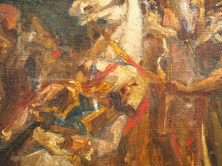 Ecole orientaliste XIXème. "Arabe et personnages". Equisse, huile sur 