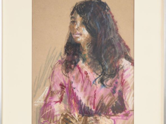 Vente aux enchères Ecole française XXème. "Portrait de jeune fille à la robe rose". Dessi