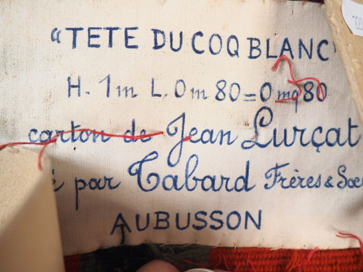 Jean LURCAT. "Tête du coq blanc". Tapisserie monogrammée, signée et ti