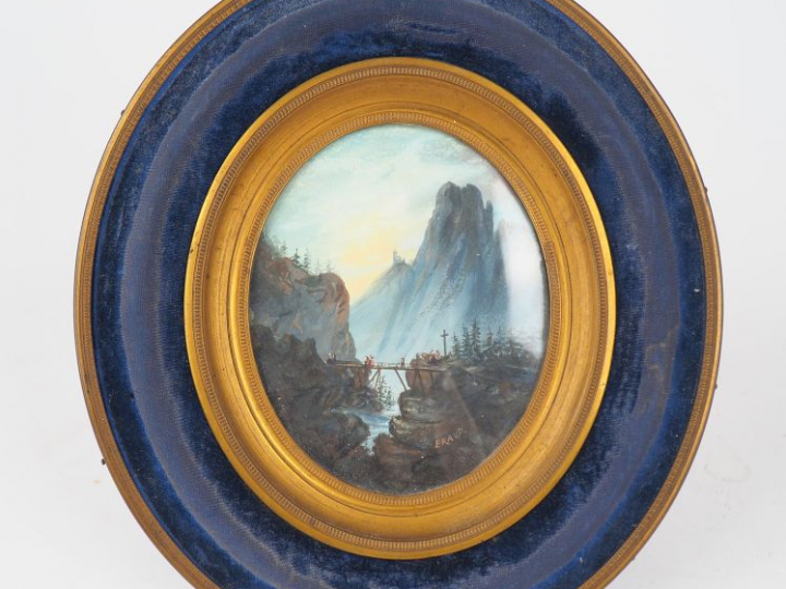 ERAUD. Miniature "vue de montagne", signée. Dim. 10 x 8 cm.