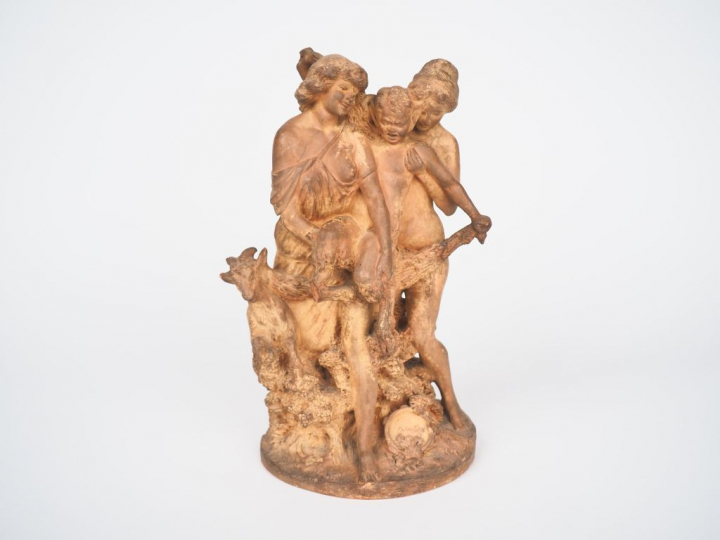 Joe DESCOMPS. "Bacchanales". Groupe en terre cuite. Signé. (petits acc