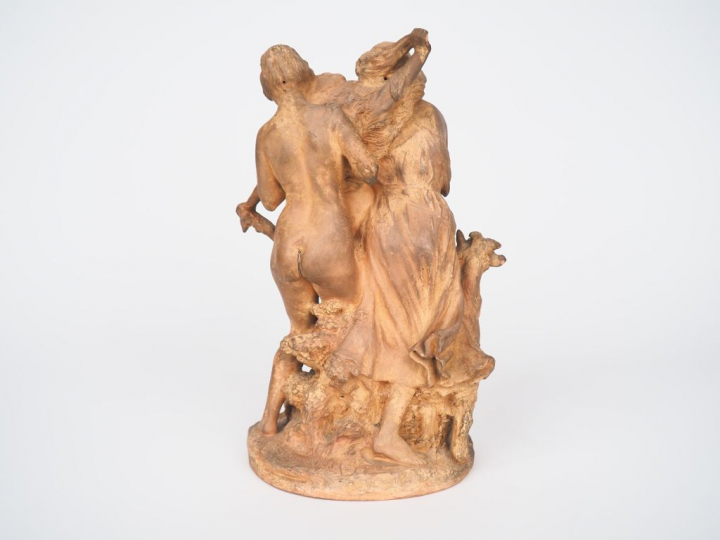 Joe DESCOMPS. "Bacchanales". Groupe en terre cuite. Signé. (petits acc