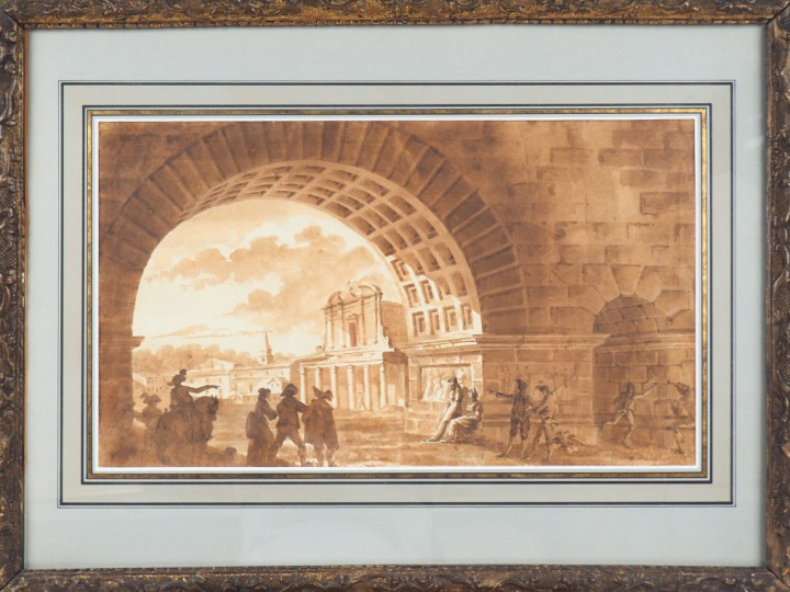 Pierre Antoine DEMACHY (attribué à) "Personnages sous une arche de pon