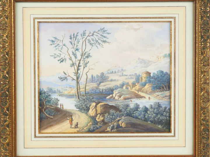 Ecole française fin XVIIIème début XIXème. "personnages cheminant". Pa