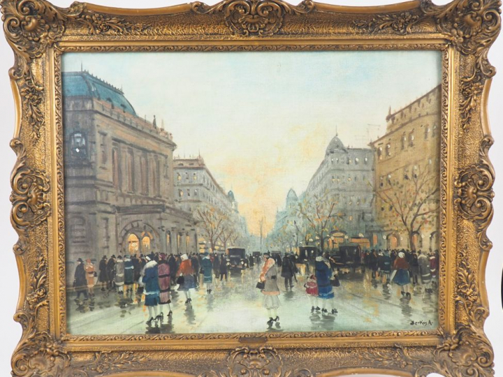 A. BERKES. "Les grands boulevards". Huile sur toile, signée en bas à d