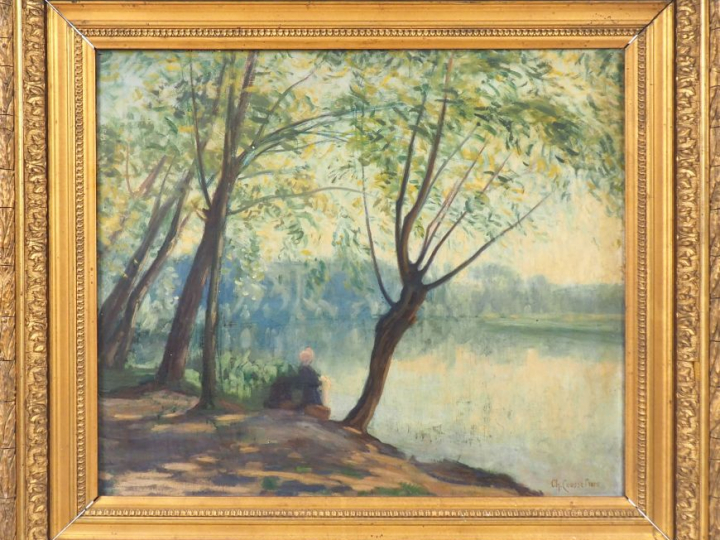 Ch. COUSSEDIERE. "Paysage lacustre".  Huile sur panneau, signée en bas