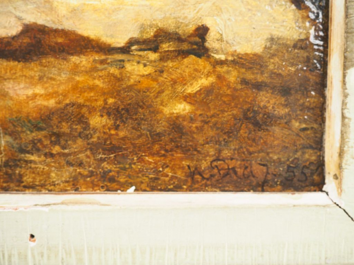 Narcisse DIAZ de la PENA. "Jeune femme et son chien". Huile sur pannea