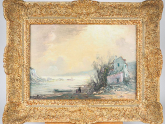 Vente aux enchères Henri FOREAU.  "Paysage lacustre animé". Huile sur toile, signée en ba
