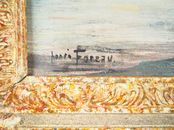 Henri FOREAU.  "Paysage lacustre animé". Huile sur toile, signée en ba