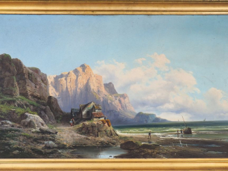 Vente aux enchères GODCHAUX. "Bord de mer animé". Huile sur toile, signée en bas à gauche