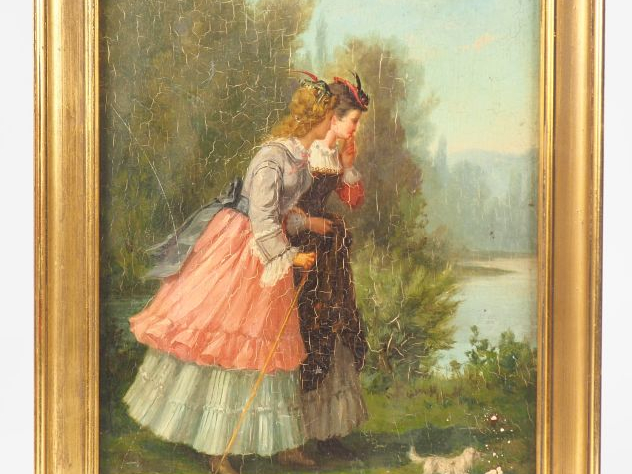 HELLOUIN.  "La promenade" Huile sur panneau, signée en bas à gauche. D