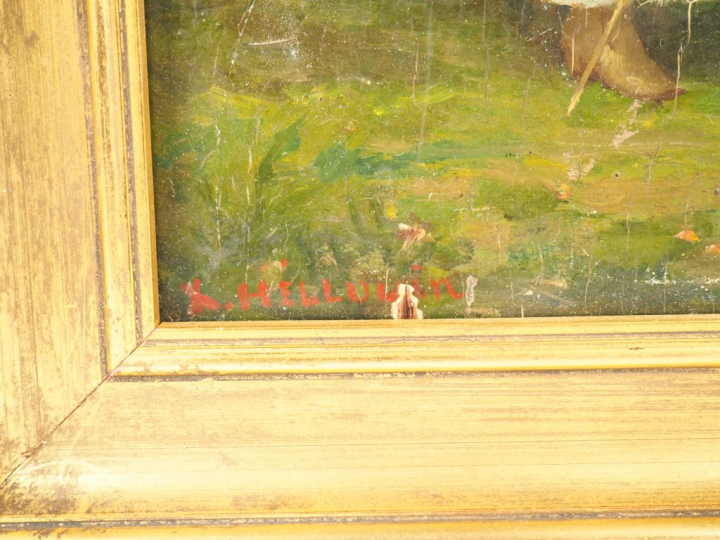 HELLOUIN.  "La promenade" Huile sur panneau, signée en bas à gauche. D