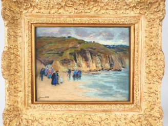 Vente aux enchères JANSSAUD. "Plage bretonne animée". Pastel, signé en bas à gauche. Dim.