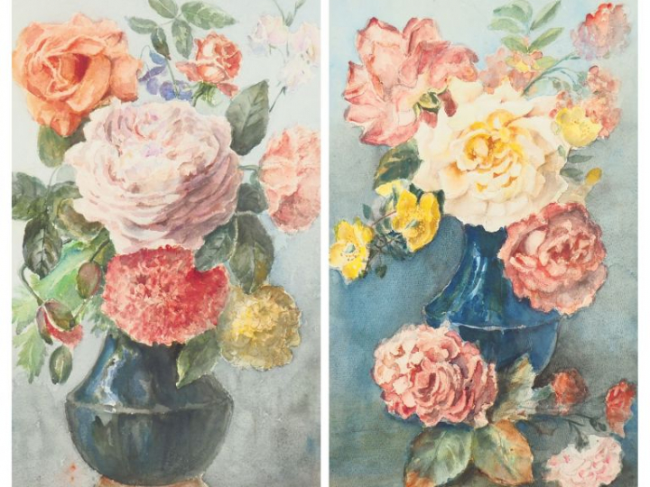 Marthe La LYRE LEVESQUES. "Nature morte aux fleurs". Deux d'aquarelles