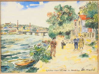 Vente aux enchères Elisée MACLET. "Choisy le Roi, le quai des gondoles". Aquarelle, signé