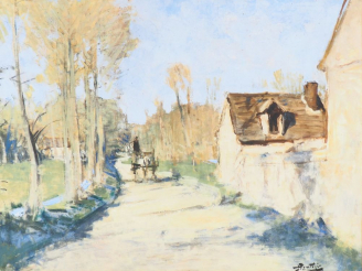 Vente aux enchères E. MONTEZIN.  "La charrette" Huile sur papier marouflée sur toile, sig