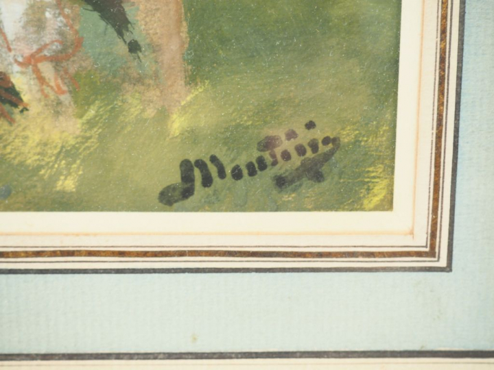 E. MONTEZIN.  "Personnages au bord de la rivière" Gouache sur papier, 