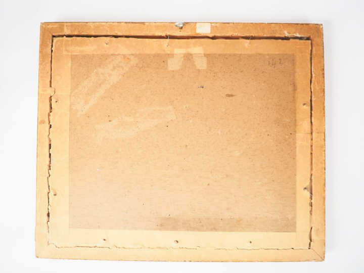 E. MONTEZIN.  "Personnages au bord de la rivière" Gouache sur papier, 