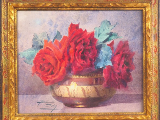 Vente aux enchères Blanche ODIN. "Bouquet de roses rouges". Aquarelle, signée en bas à ga