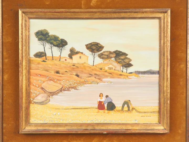 Max SAVY.  "Pêcheurs près de l'étang" Huile sur toile, signée en bas à