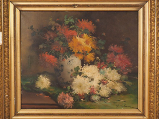 Vente aux enchères P. VALMON. "Nature morte au bouquet de fleurs" Huile sur toile, signée