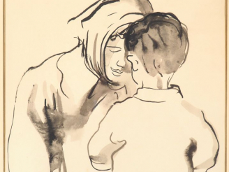 Vente aux enchères VIMENET. "Mère et son enfant". Encre signée et datée 62 en bas à droit