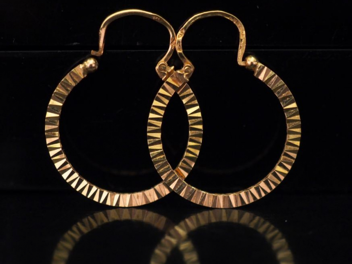 Paire de créoles en or jaune, à décor de motifs géométriques. Diam. 1,
