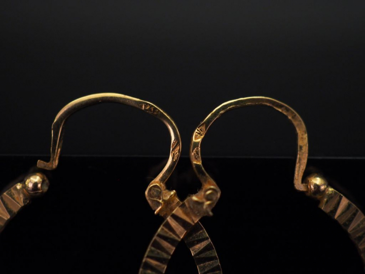 Paire de créoles en or jaune, à décor de motifs géométriques. Diam. 1,