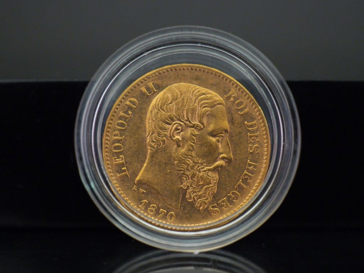 Pièce de 20 Francs or belge, Leopold II, 1870. FRAIS ACHETEURS 5% TTC.