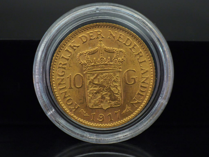 Pièce de 10 Gulden or, Wilhelmine des Pays-Bas, 1917. FRAIS ACHETEURS 