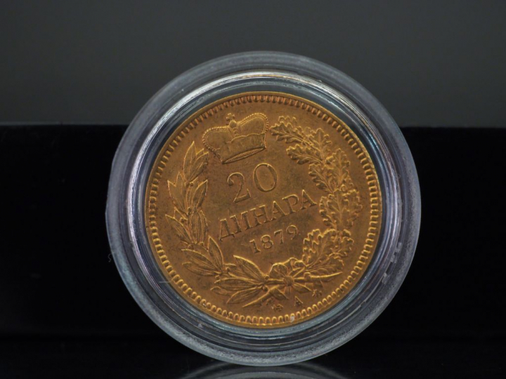 Pièce 20 Dinars or, Milan Ier de Serbie, 1879. FRAIS ACHETEURS 5% TTC.