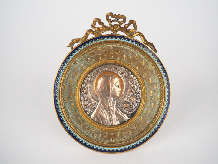 Médaillon en laiton, métal argenté et émaux polychromes "Rosa Mystica"