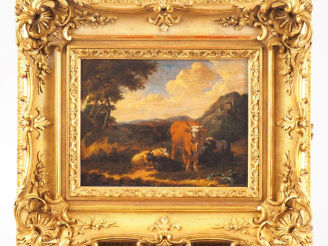Vente aux enchères ROSA DE TIVOLI (attribuée à). "Paysage animé aux animaux" Huile sur pa