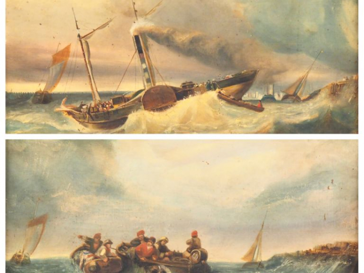 Ecole française XIXème.  "Marine"  Paire d'huiles sur carton  Dim. 34 