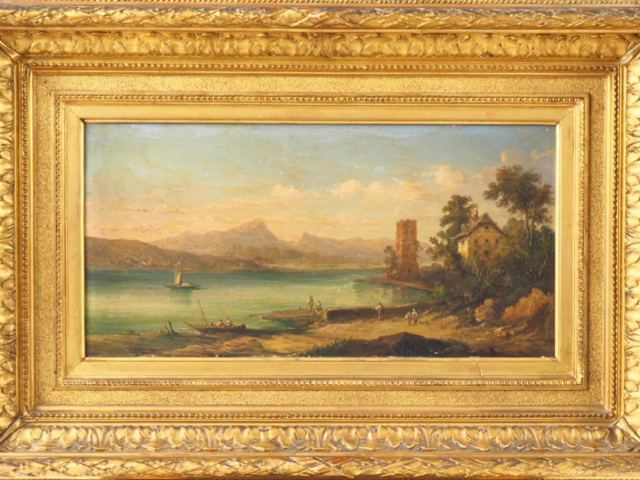 Ecole française ou italienne XIXème.   "paysage lacustre animé" Huile 