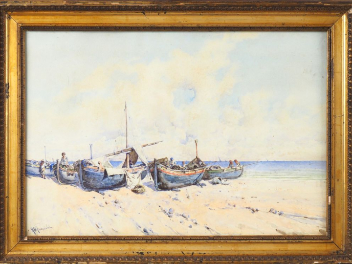 M. de FRANCESCI. "barques sur la grève" Aquarelle signée en bas à gauc