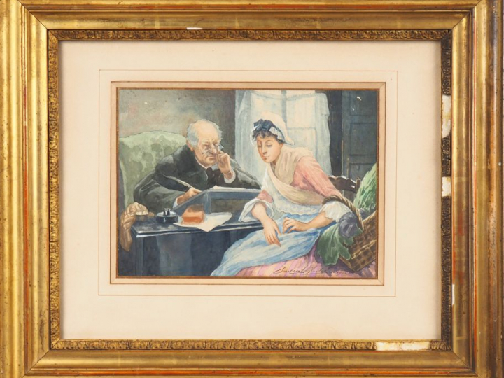 PASCAL JULES.  "le vieil homme et la domestique" Aquarelle, signée en 