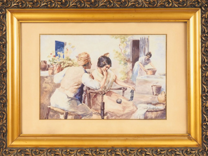 PASCAL JULES. "Conversation" Aquarelle, signée en bas à droite Dim. 29