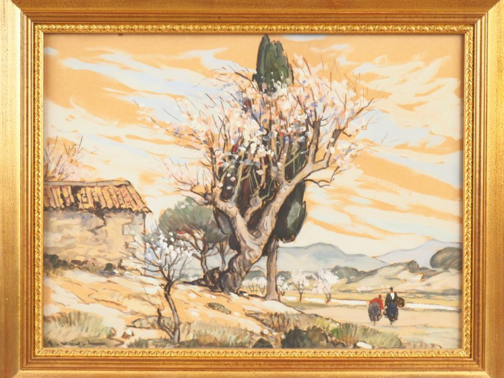 Georges VIDAL.  "Paysage du Midi" Gouache, signée en bas à gauche Dim.