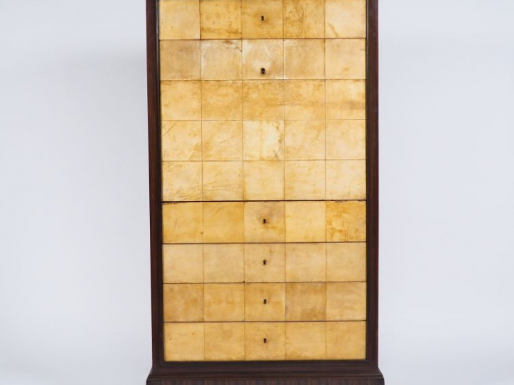 Secretaire à abttant 1940 en parchemin et placage d'ébène de macassar,