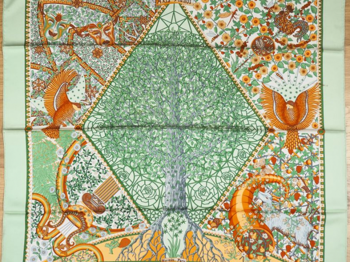 HERMES Carré en soie "Axis Mundi", dans sa boîte. Signé Henry C. (Quel