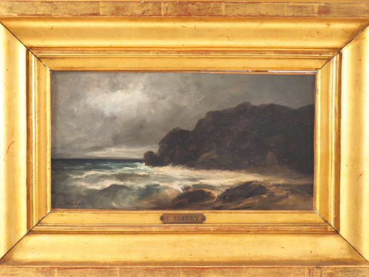 E . ISABEY (attribué à). "côte rocheuse sous l'orage". Huile sur toile